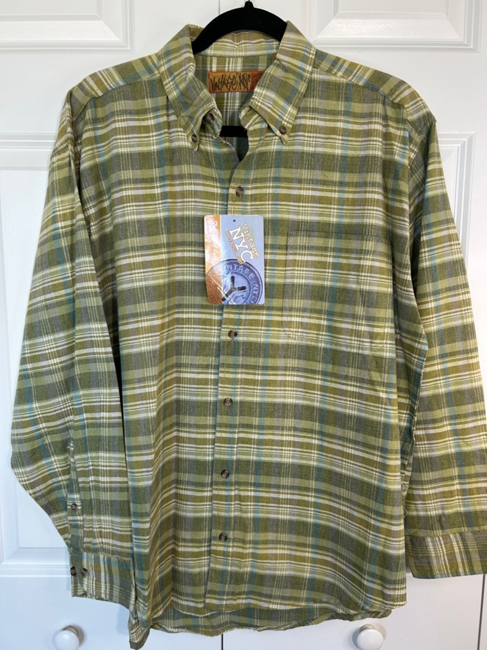 Vintage NYC Olive Green Plaid Button-Down Shirt